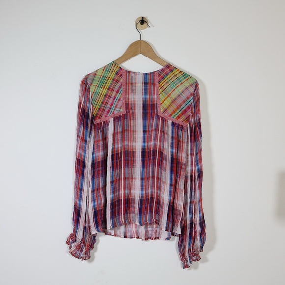 Anthropologie Bl-nk London Miranda Plaid Peasant Blouse Red Blue Medium Boho - Picture 2 of 12